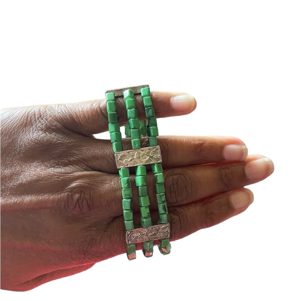 Jade Color Bracelet jewels and silver tone stretch bracelet 3 Layer Boho Vintage